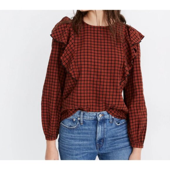 Madewell Ruffle-Front Top in Plaid Size Medium Warren Check Rust Long Sleeve - Picture 1 of 16